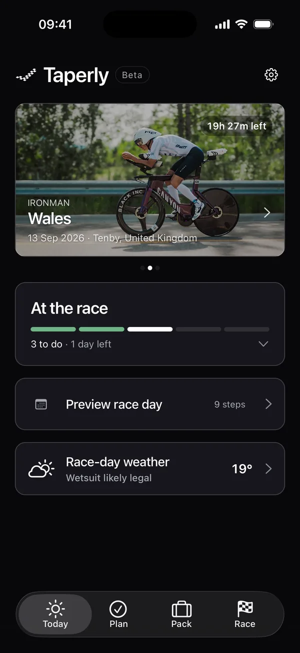 Taperly home screen with the next race, time left to the start, race-week progress and race-day weather