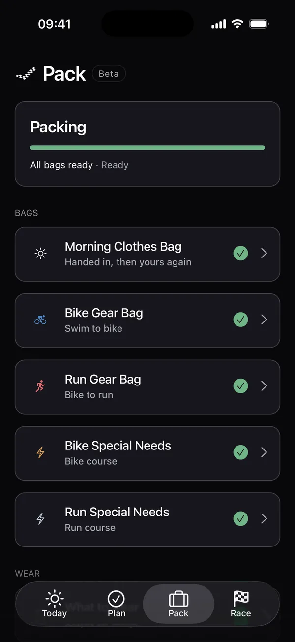Taperly packing checklist split into race bags
