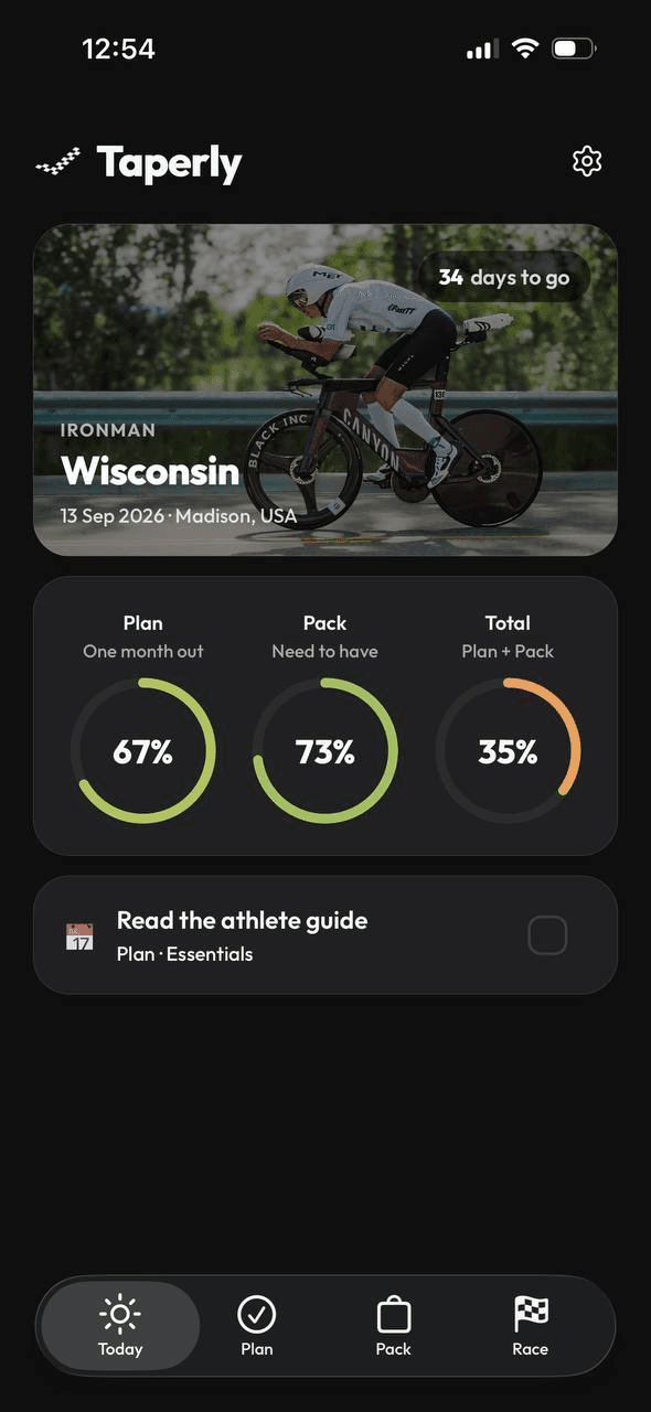 The Taperly app open on today, showing the race-week tasks due today with the days left to the start